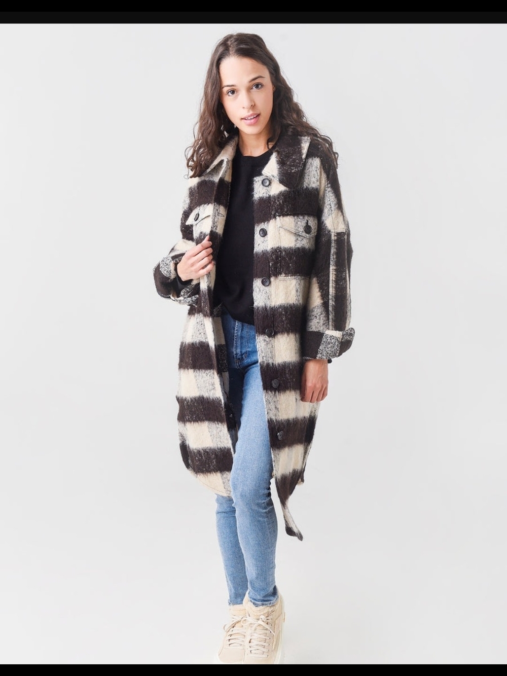 A.L.C.  Cream/Ganache Plaid Long Wool/Alpaca Coat Size M